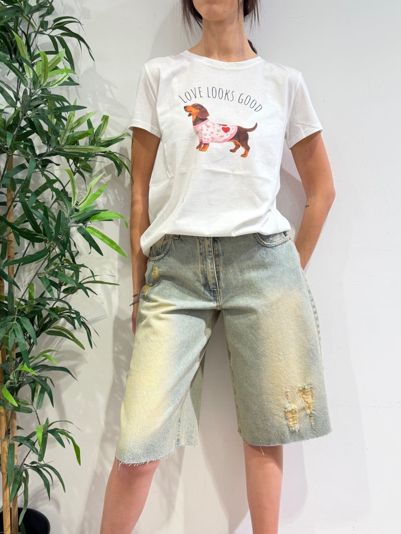 Vicolo - T-Shirt bassotto love bianca