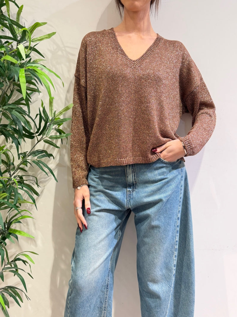 Kontatto - Maglia scollo a V lurex bronzo