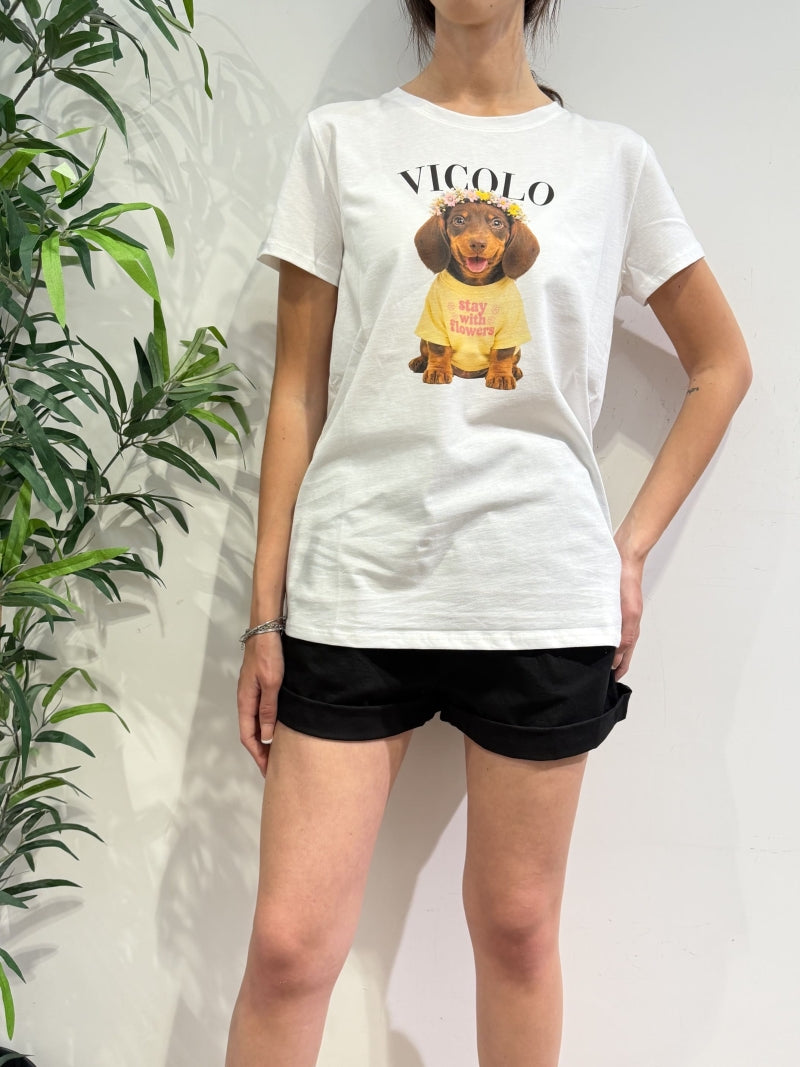 Vicolo - T-Shirt bassotto flowers bianca