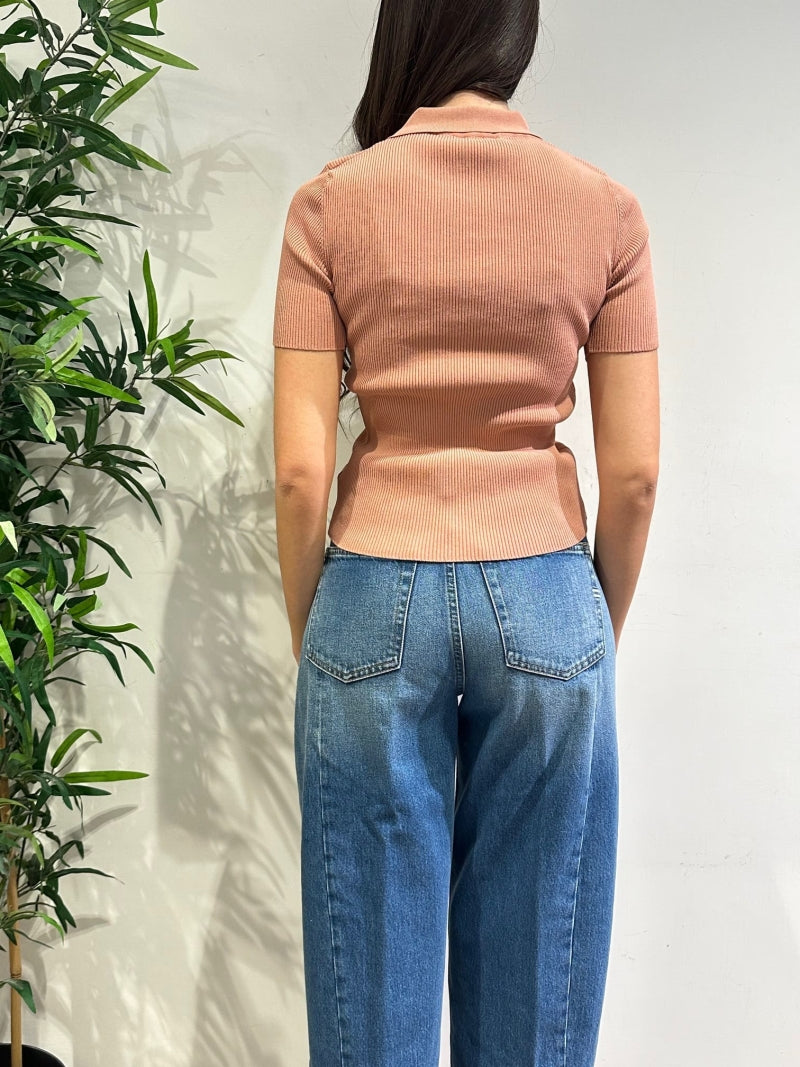Vicolo - Maglia costina con colletto rosa