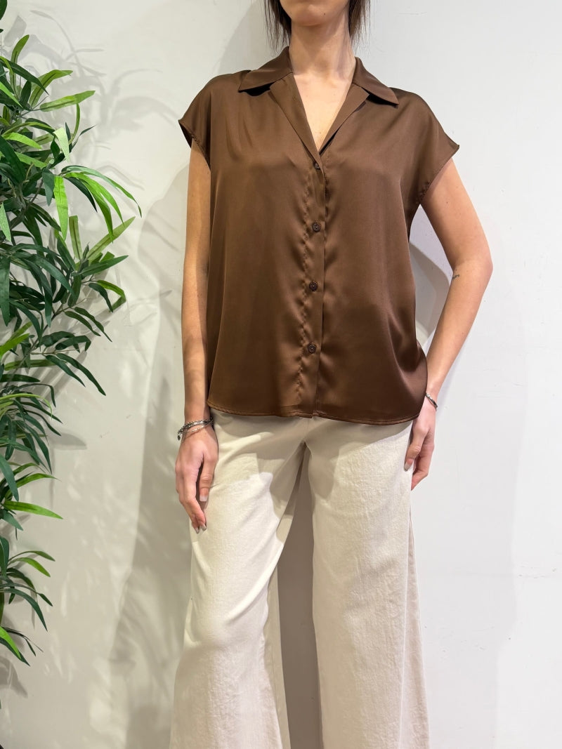 Imperial - Camicia in satin mezza manica marrone