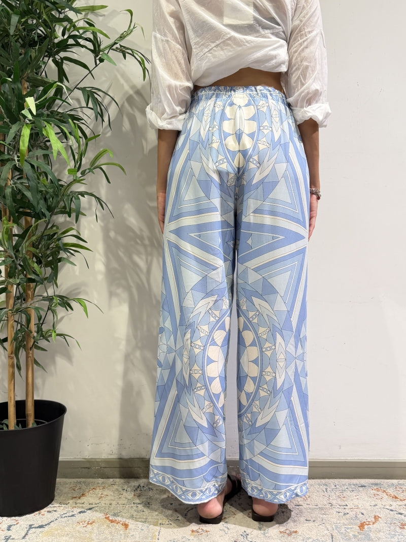 Tensione In - Pantalone fantasia optical bianco e celeste