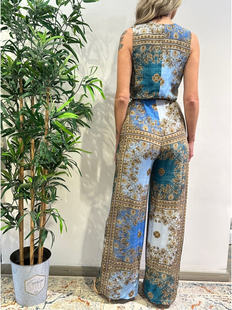 Motel - Tuta con zip frontale fantasia foulard celeste