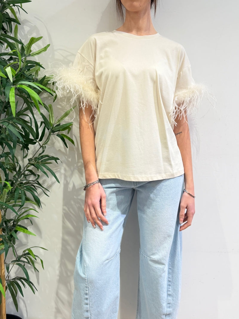 Le Streghe - T-Shirt con piume panna