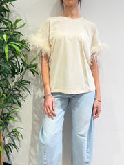Le Streghe - T-Shirt con piume panna