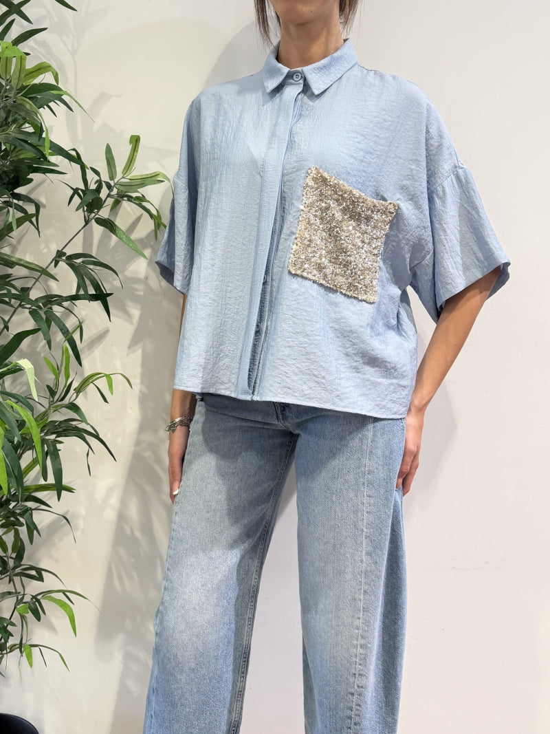 Dixie - Camicia tasca con paillettes celeste