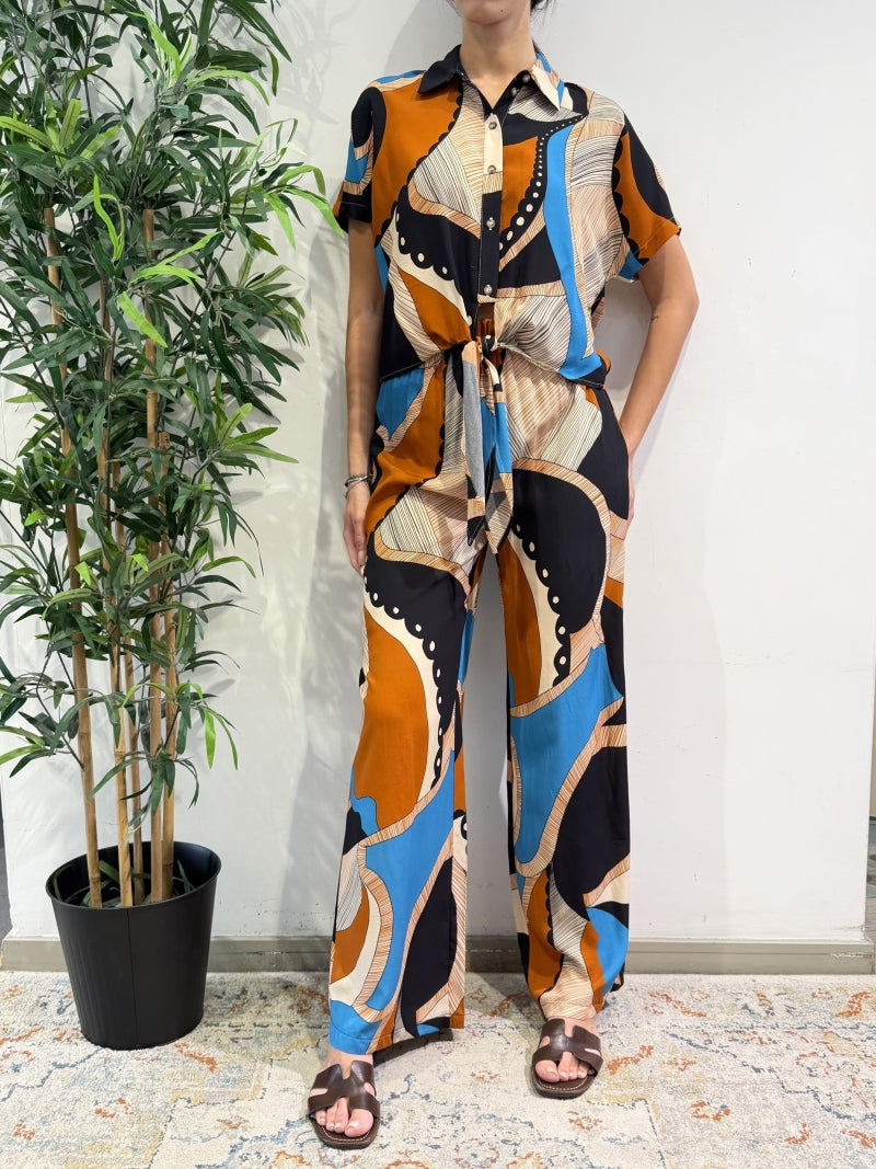 Haveone - Camicia fantasia con fiocco turchese nera e rancio