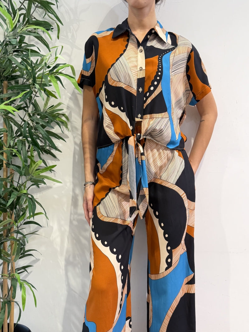 Haveone - Camicia fantasia con fiocco turchese nera e rancio