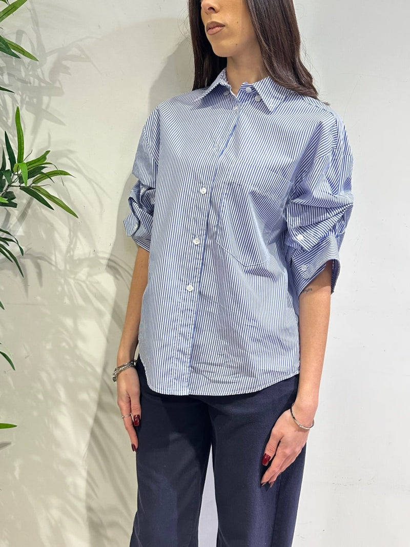 Motel - Camicia righe manica arricciata bianca e blu