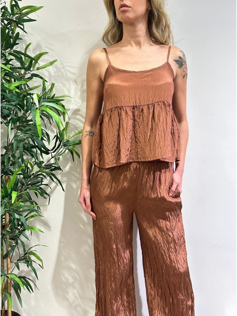 Dixie - Completo top e pantalone tessuto stropicciato mattone