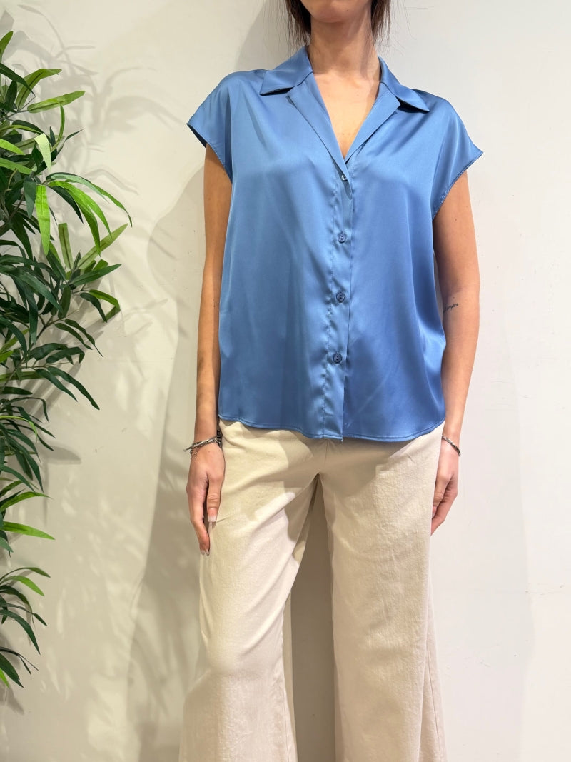 Imperial - Camicia in satin mezza manica azzurra