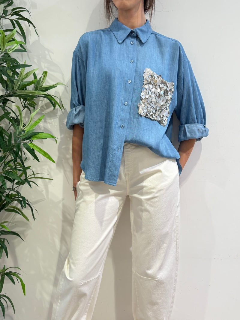 Motel - Camicia con tasca paillettes denim