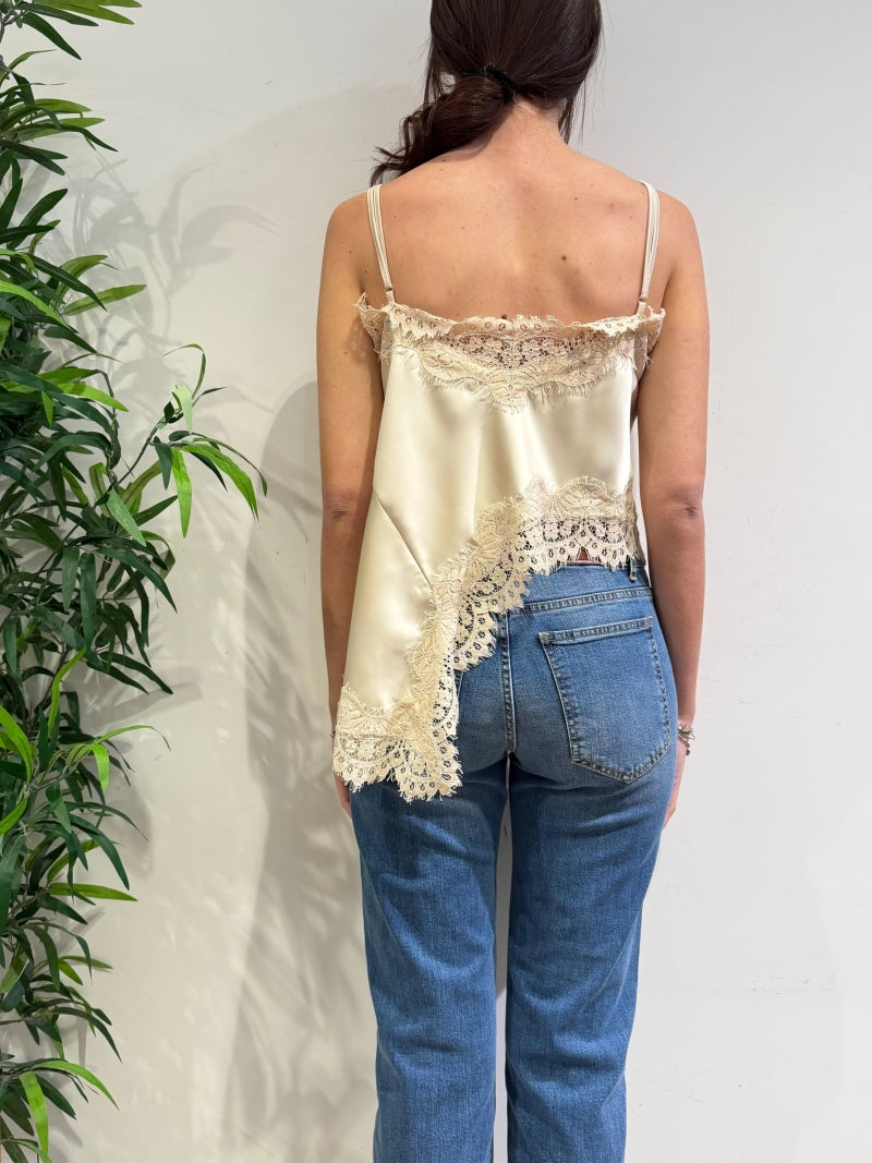 Tensione In - Top satin asimmetrico con pizzo avorio