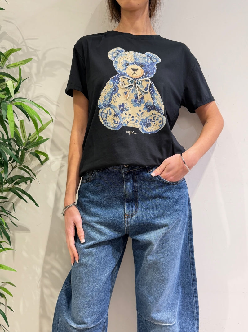 Le Streghe - T-Shirt teddy floreale con strass e perle nera