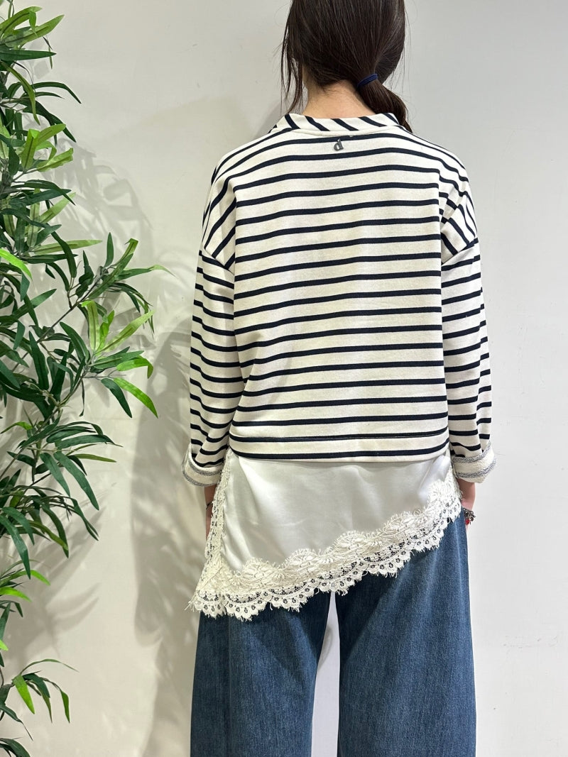 Dixie - Felpa righe con bordo in pizzo bianca e blu