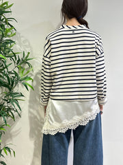 Dixie - Felpa righe con bordo in pizzo bianca e blu