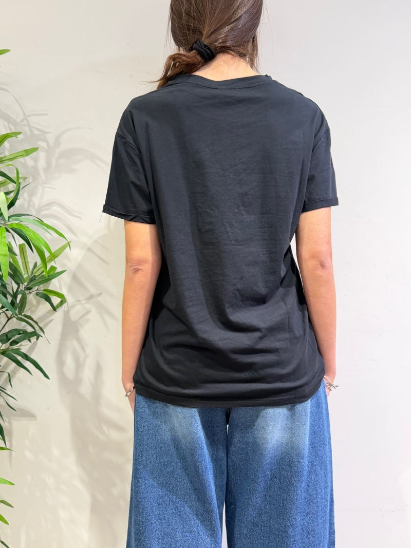 Le Streghe - T-Shirt teddy floreale con strass e perle nera