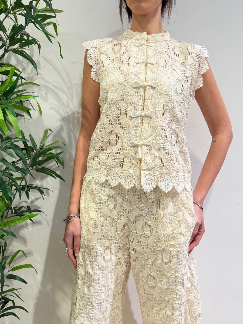 Motel - Camicia gilet mandarin pizzo macramè avorio