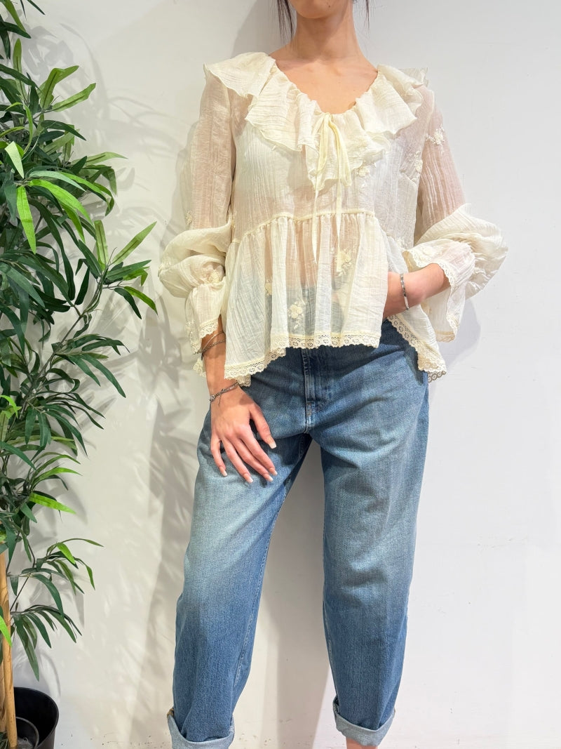 Vicolo - Blusa con ricami e volant panna