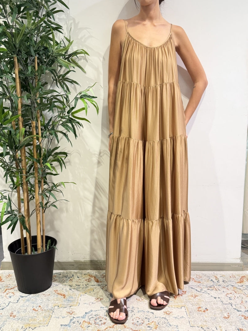 Motel - Vestito in satin con balze cammello