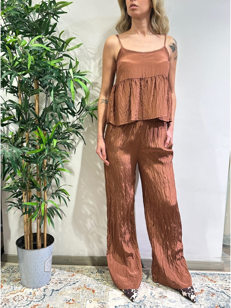 Dixie - Completo top e pantalone tessuto stropicciato mattone