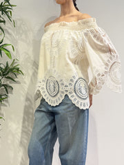 Motel - Blusa scollo shiffer ricamata avorio