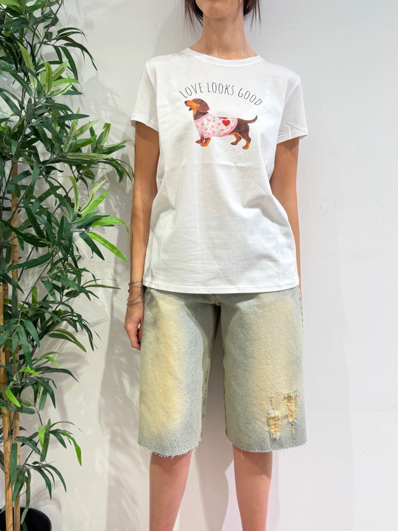 Vicolo - T-Shirt bassotto love bianca
