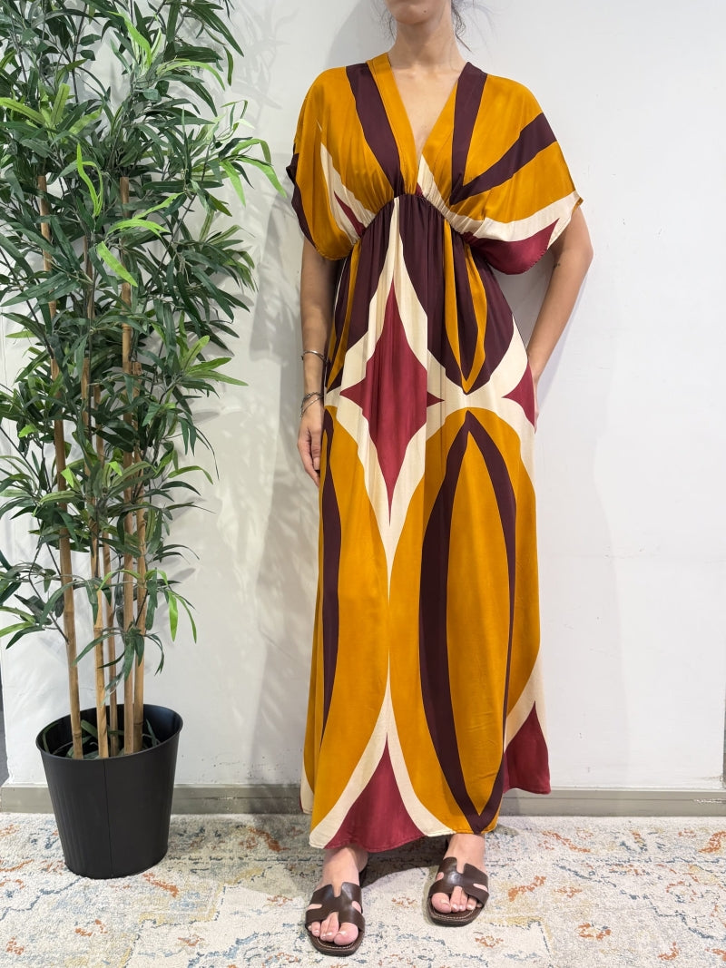 Haveone - Vestito lungo fantasia arancione e bordeaux