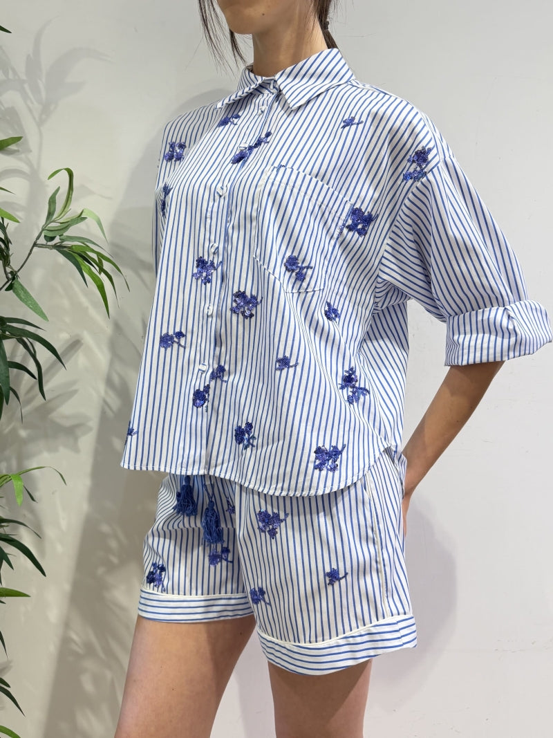 Motel - Completo camicia e shorts righe e azzurro