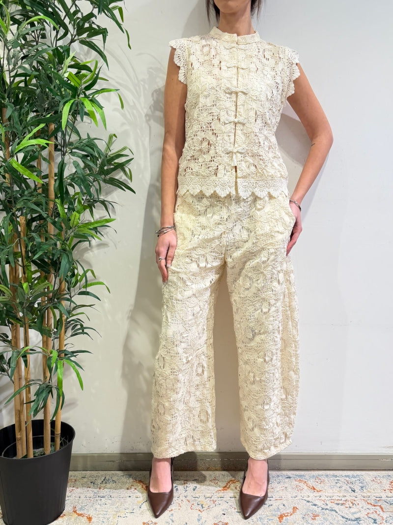 Motel - Camicia gilet mandarin pizzo macramè avorio