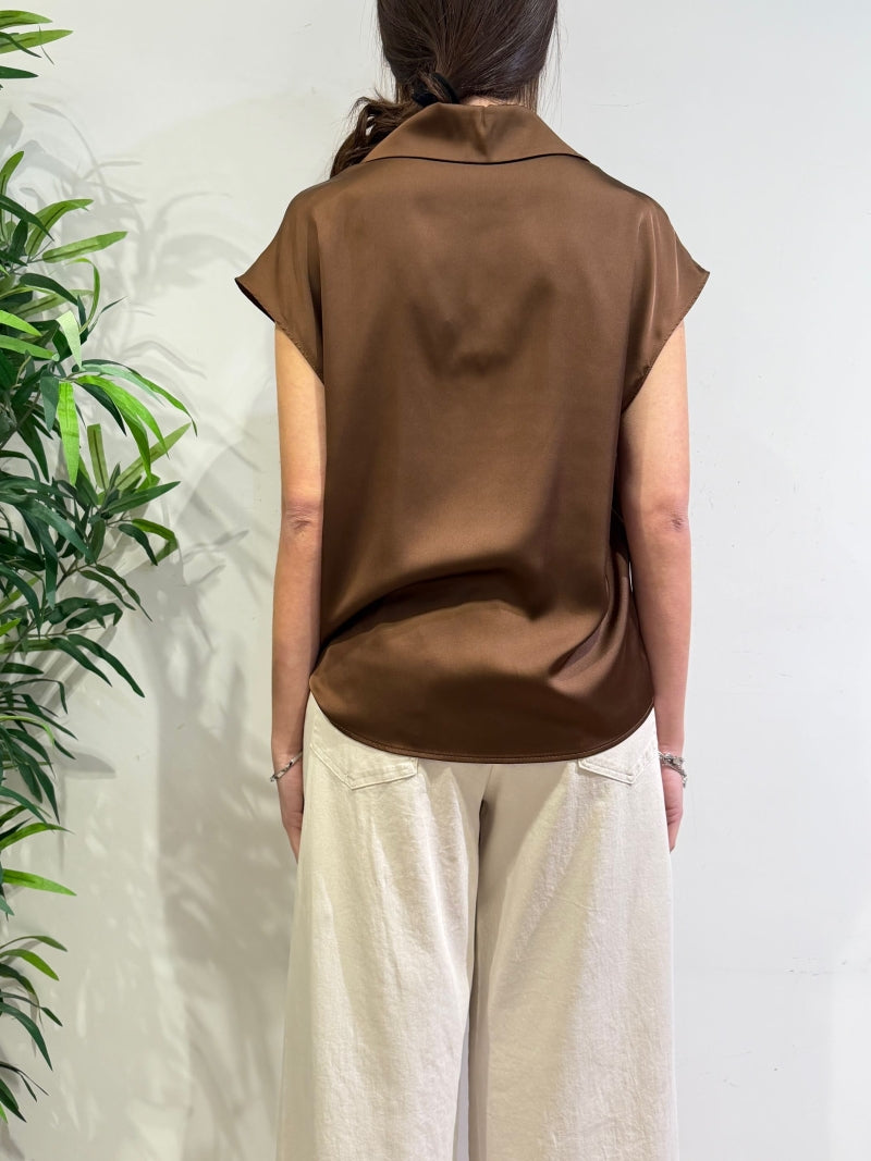 Imperial - Camicia in satin mezza manica marrone