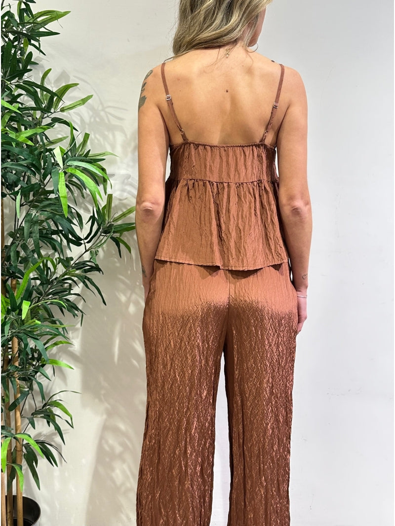 Dixie - Completo top e pantalone tessuto stropicciato mattone