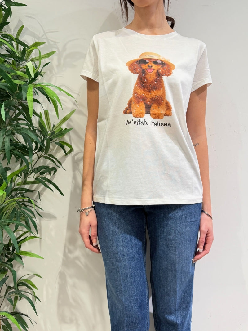 Vicolo - T-Shirt cane cappello e strass bianca